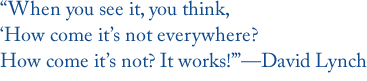 “When you see it, you think, ‘How come it’s not everywhere? How come it’s not? It works!’”—David Lynch